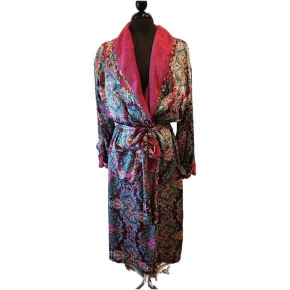 VICTORIA'S SECRET Vintage 90s Paisley Satin Terry Long Bath Robe sz M Womens Y2K - Picture 2 of 8